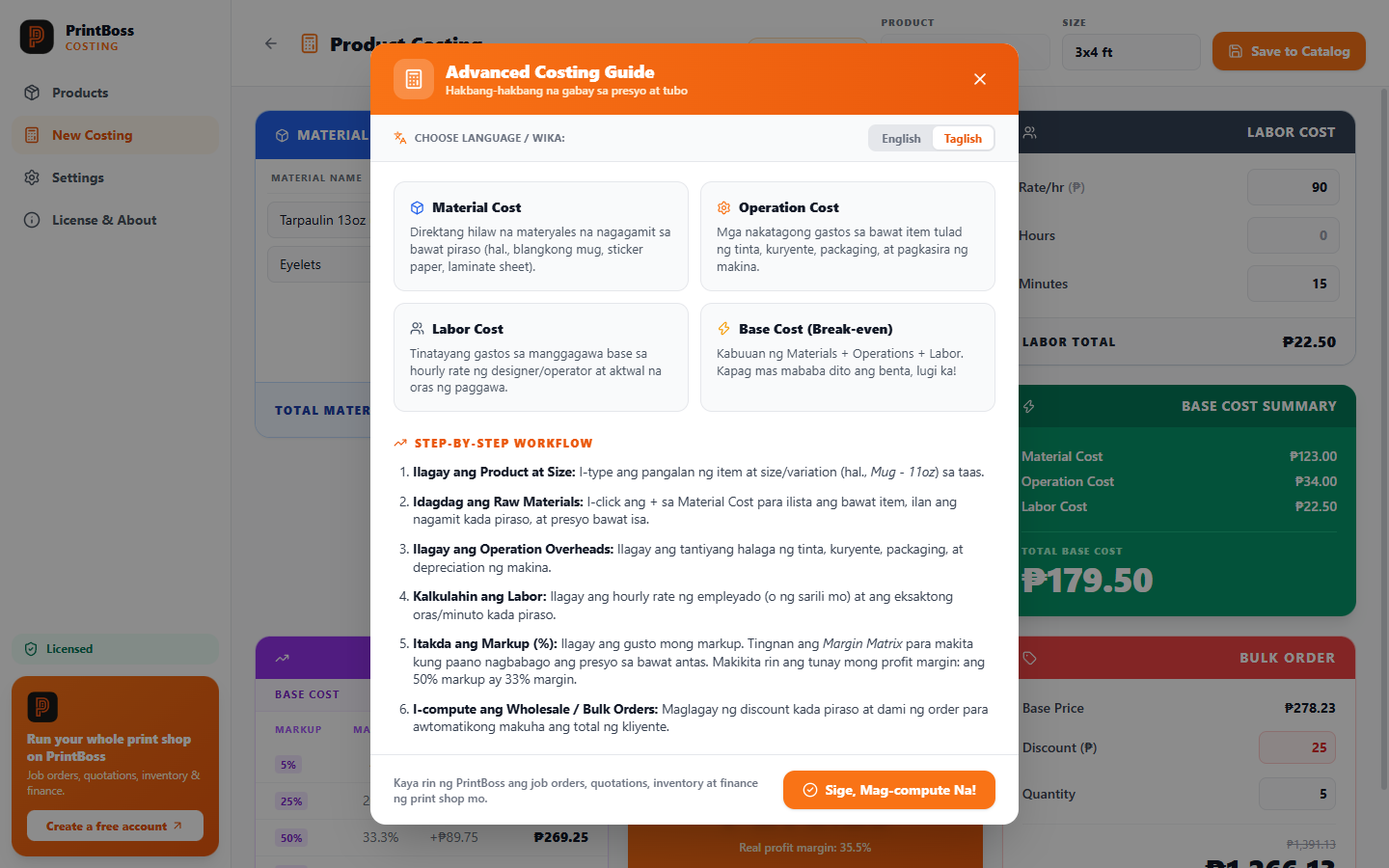 The built-in Taglish guide explaining material cost, operation cost, labor cost and base cost, with a step-by-step workflow.